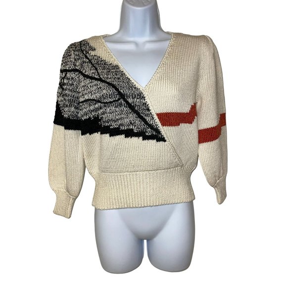 Ms Kipps Sweaters - VTG 80s/90s Ms Kipps Crop Crossover Style V-Neck Sweater w/ Shoulder Pads Women'